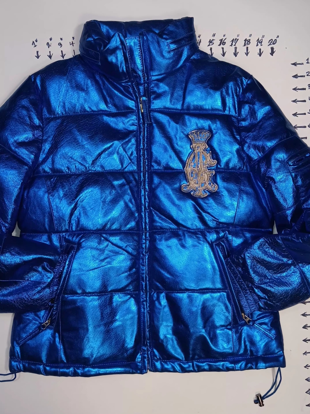 Christian Audigier Shiny Metallic Blue Leather Puffer Jacket ( Ed Hardy )